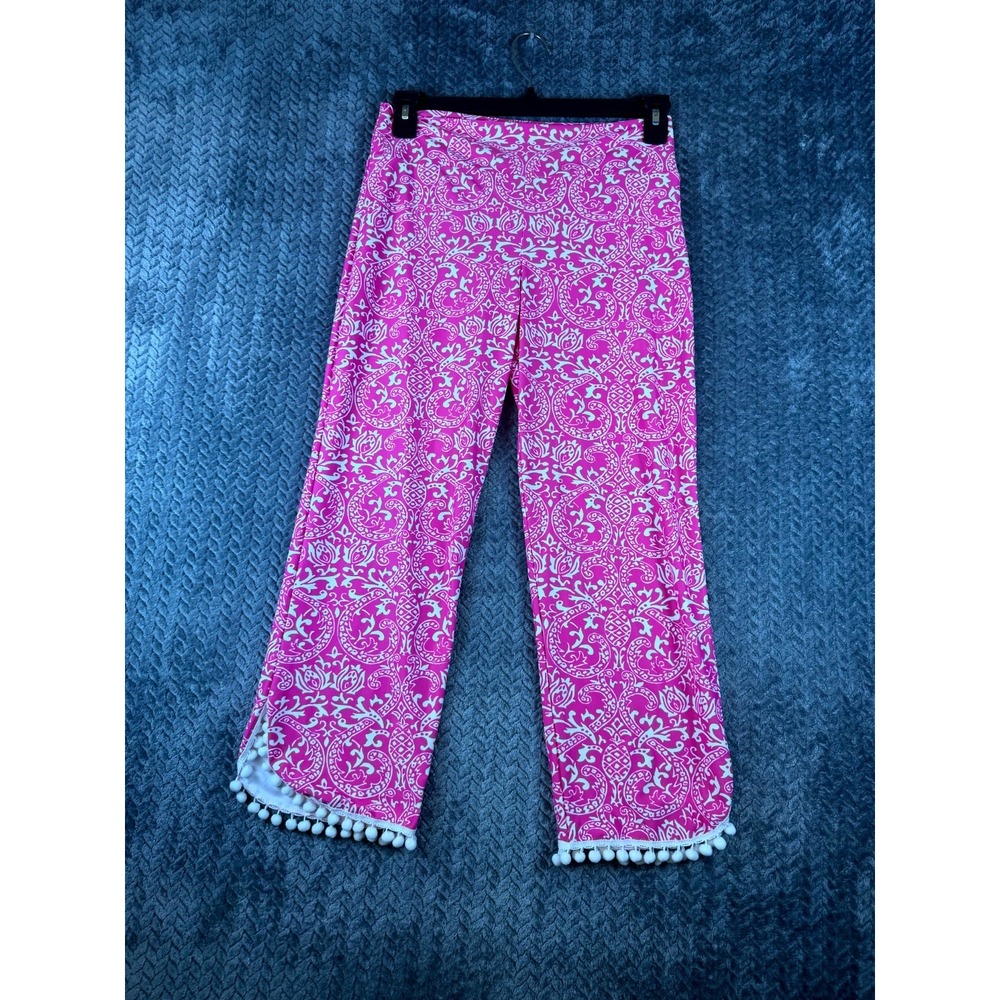Patti Biggs Coastal Pants Womens Large Pink White Floral Print Pom Pom Trim Hem